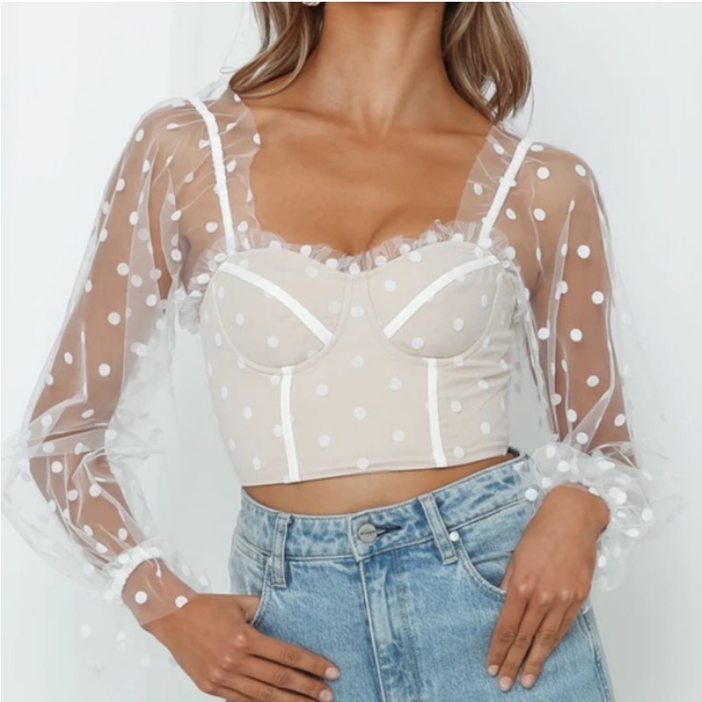 Hello Molly Sunset Polka Dot Mesh Sweetheart Corset Crop Top Preppy Beige 4 - Picture 1 of 12
